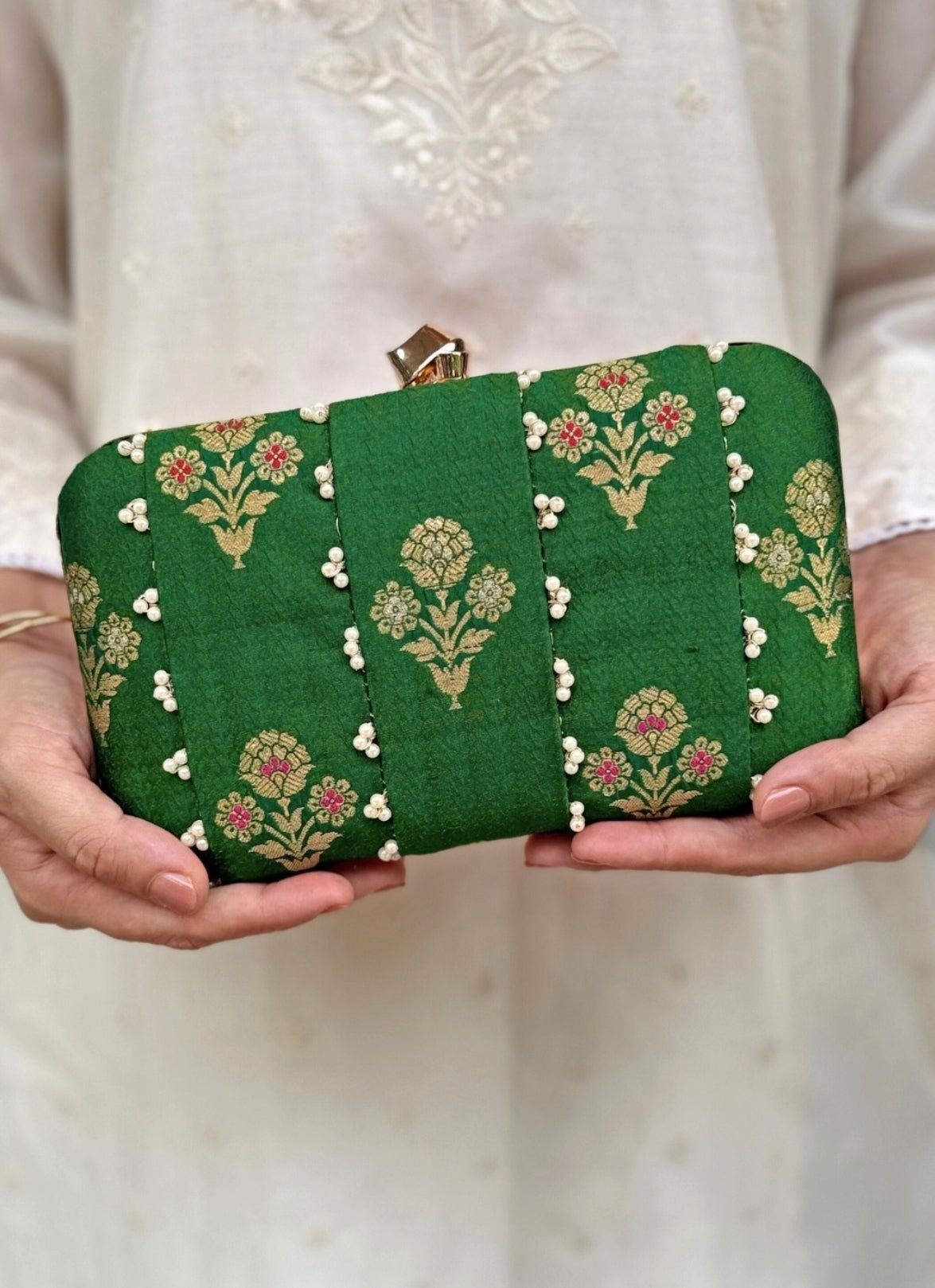Amyra Green Embroidered Pure Silk ClutchShop Jashn