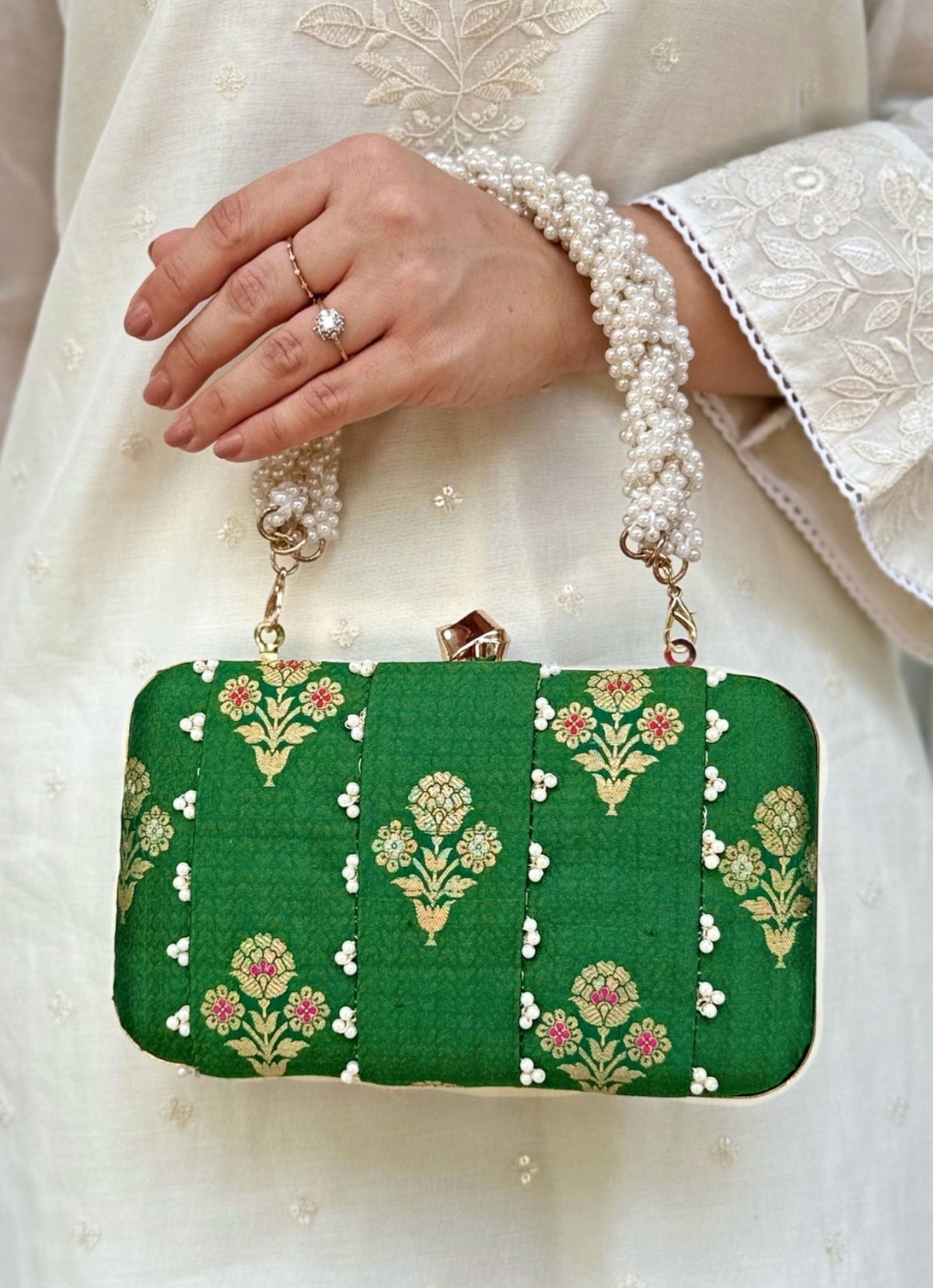 Amyra Green Embroidered Pure Silk ClutchShop Jashn