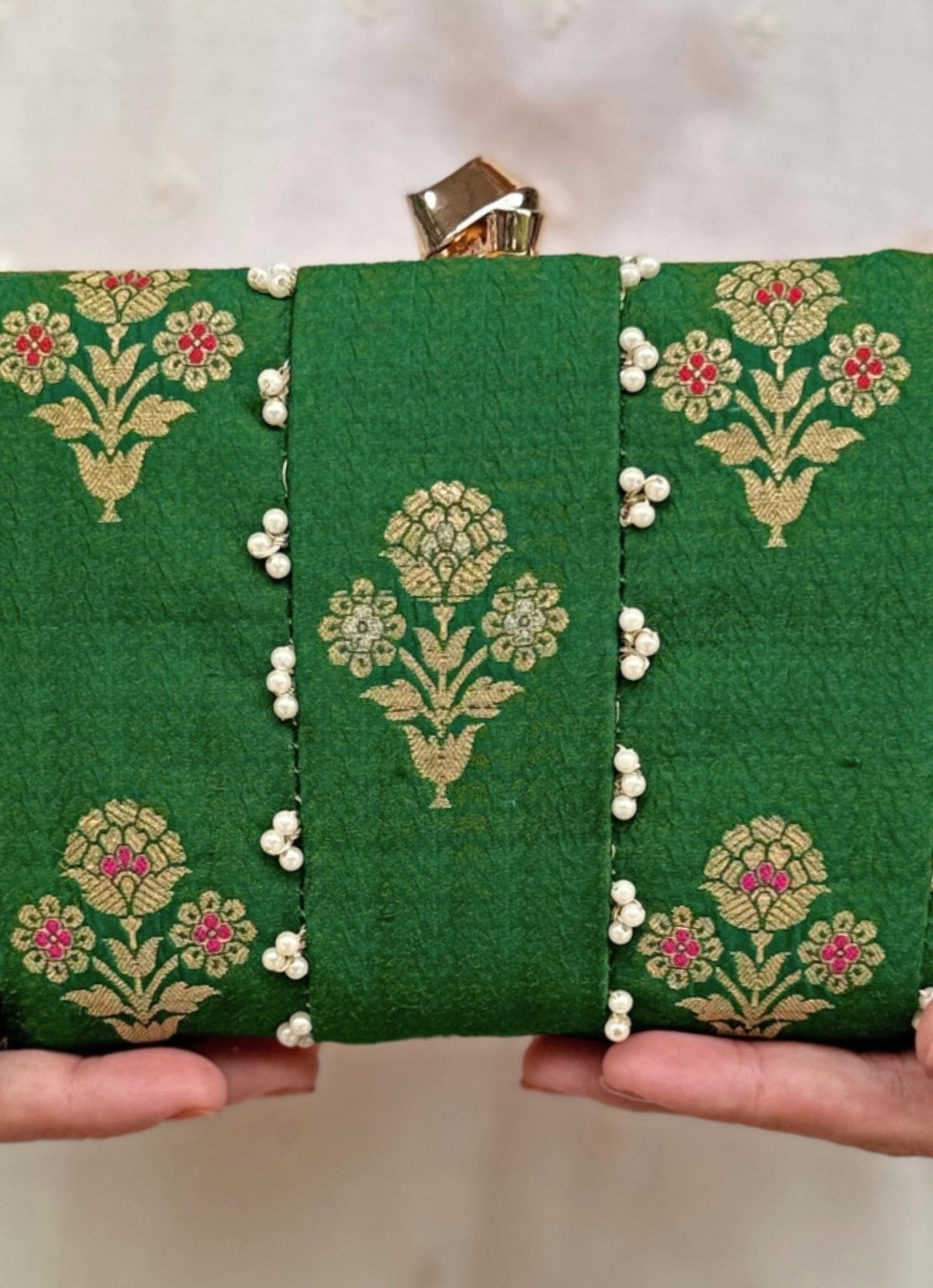 Amyra Green Embroidered Pure Silk ClutchShop Jashn