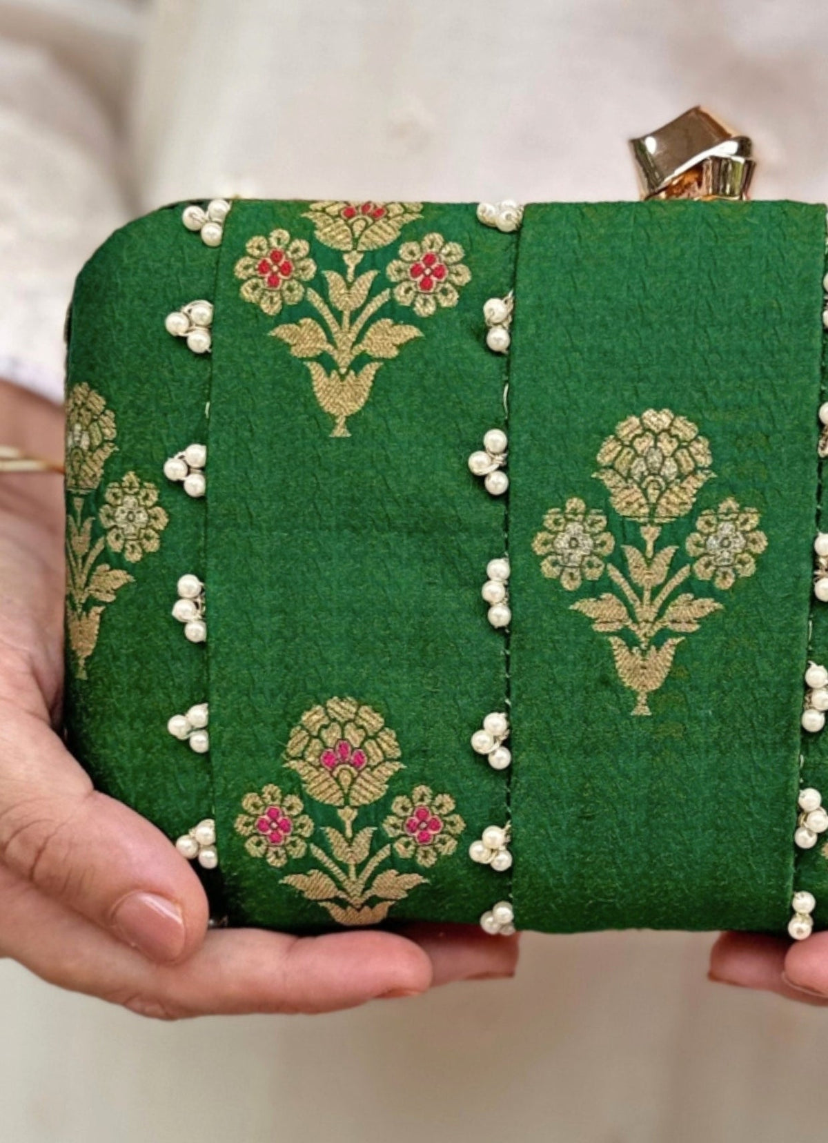 Amyra Green Embroidered Pure Silk ClutchShop Jashn
