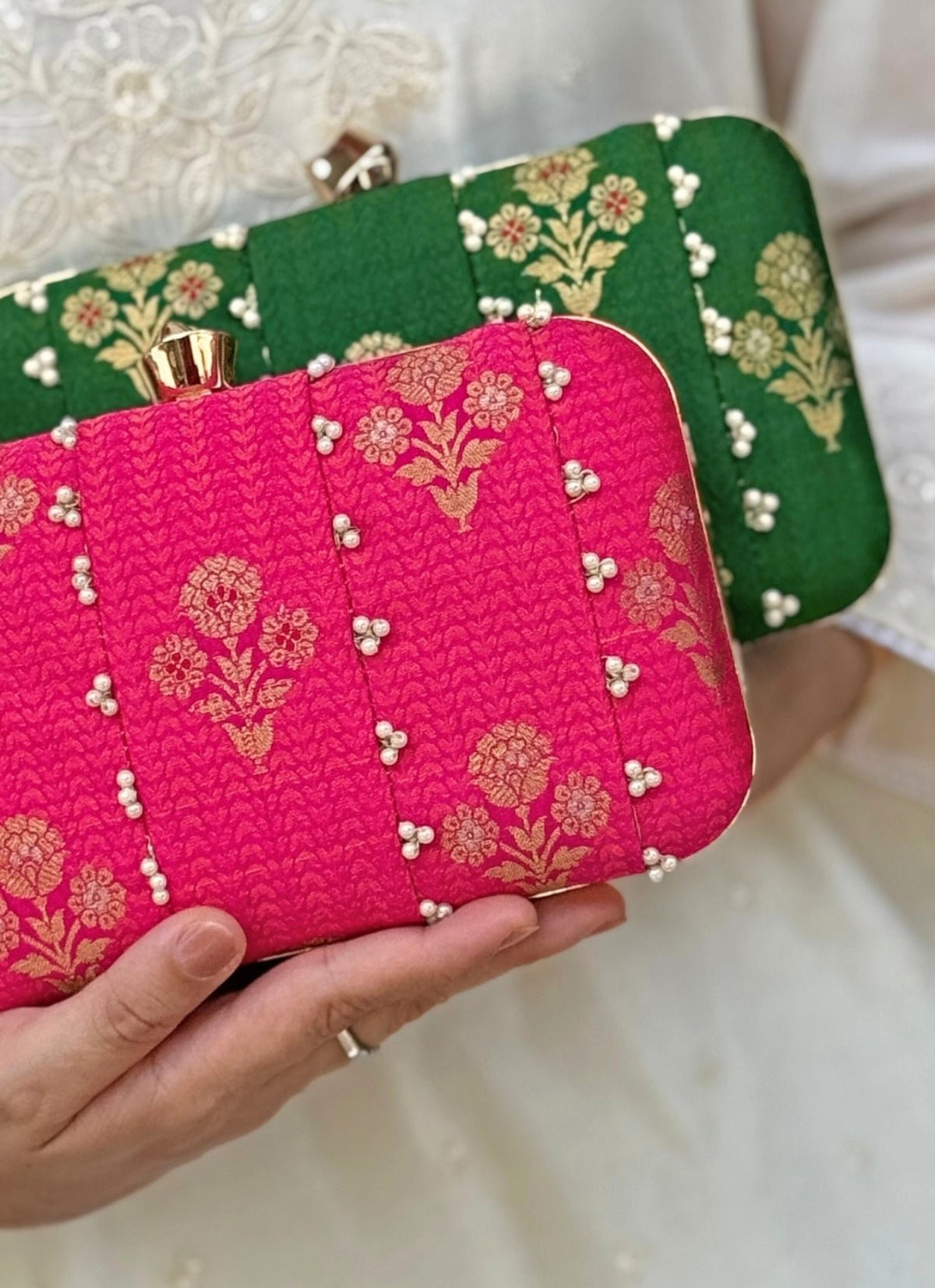 Amyra Green Embroidered Pure Silk ClutchShop Jashn