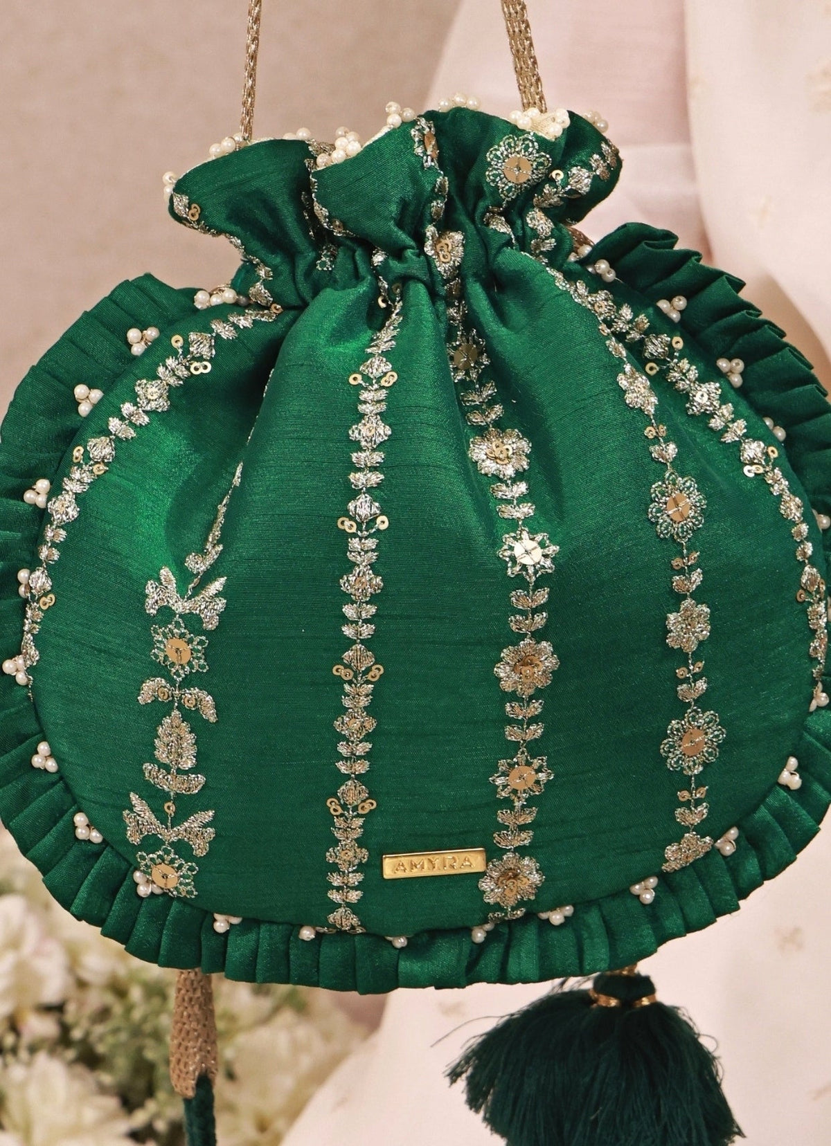 Amyra Green Embroidered Silk Pleated PotliShop Jashn