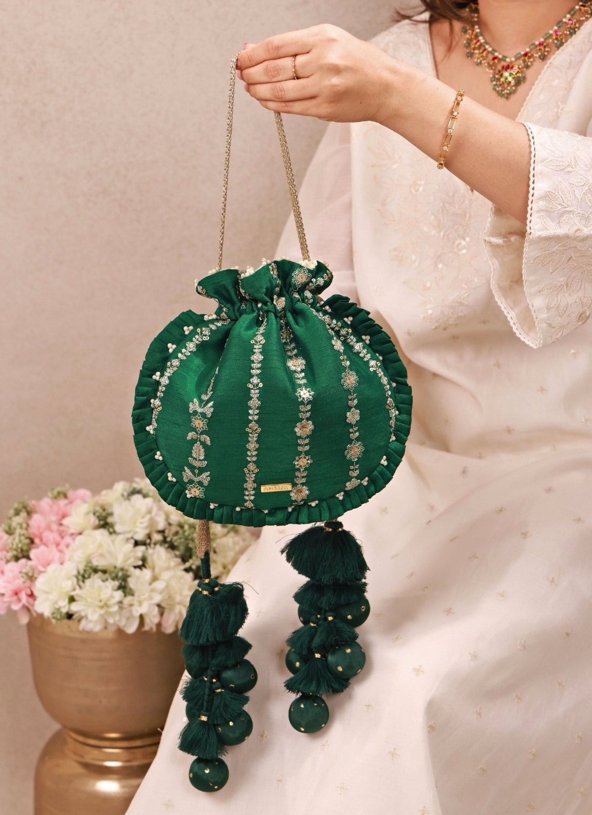 Amyra Green Embroidered Silk Pleated PotliShop Jashn