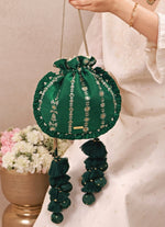 Amyra Green Embroidered Silk Pleated PotliShop Jashn