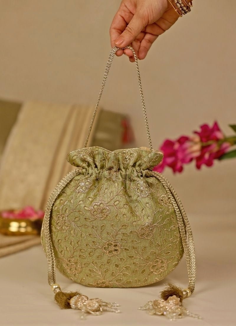 Amyra Green Embroidered Tissue PotliShop Jashn