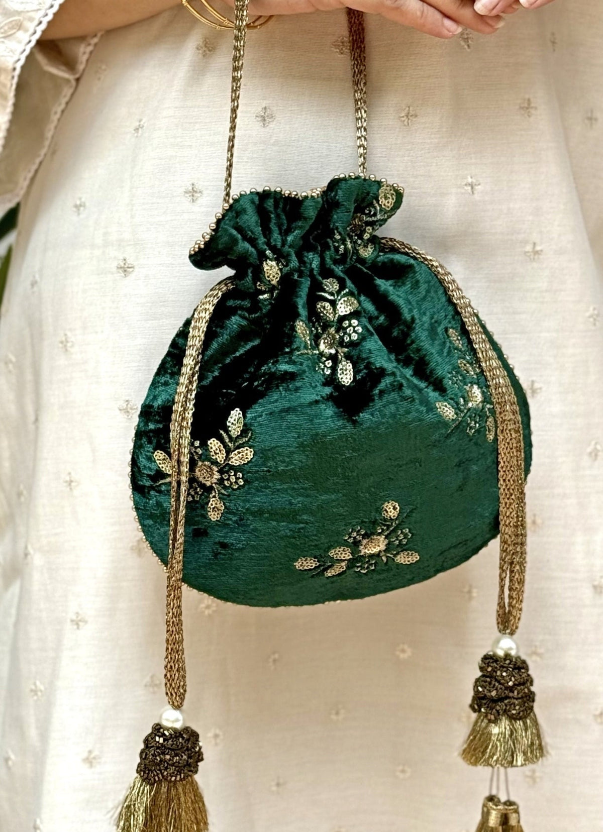 Amyra Green Embroidered Velvet PotliShop Jashn