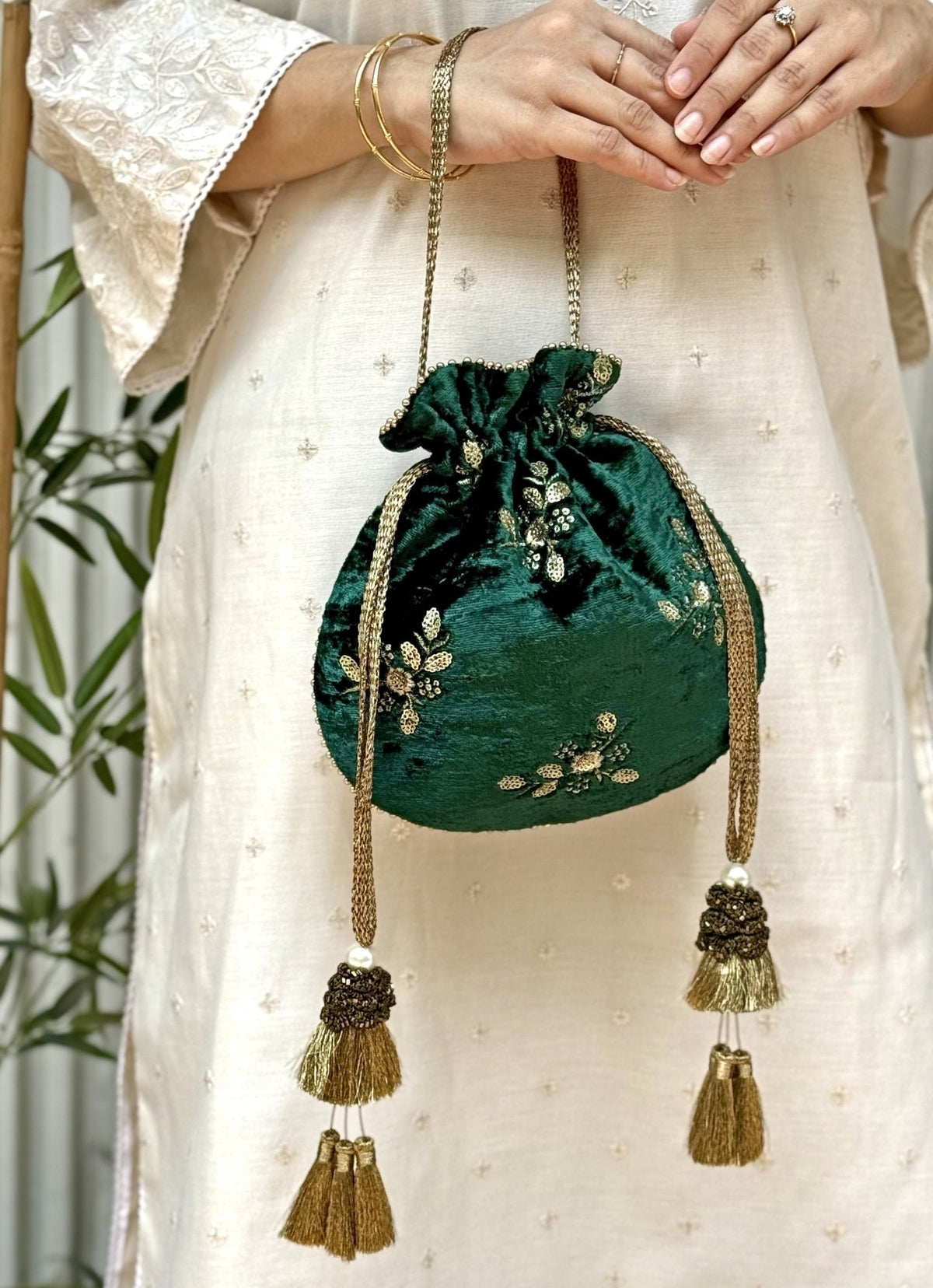 Amyra Green Embroidered Velvet PotliShop Jashn
