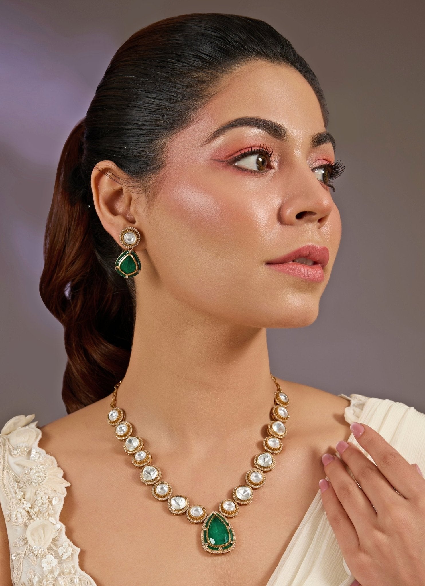 Vivinia by Vidhi Mehra Green Kundan Pendant Necklace With EarringsFabilicious Fashion