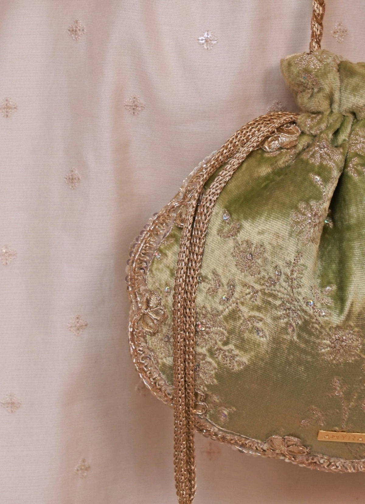 Amyra Green Velvet Scallop Embroidered PotliShop Jashn