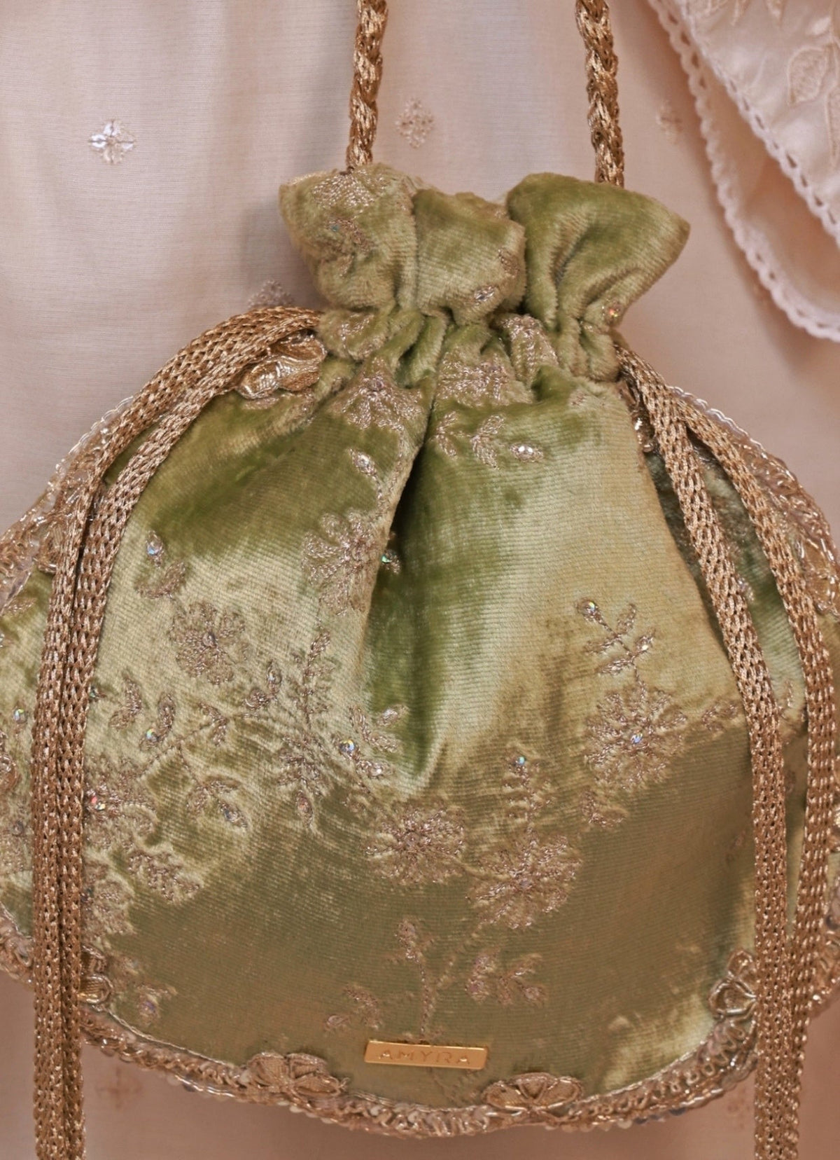 Amyra Green Velvet Scallop Embroidered PotliShop Jashn