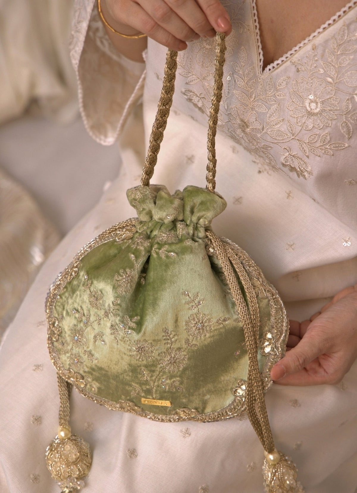 Amyra Green Velvet Scallop Embroidered PotliShop Jashn