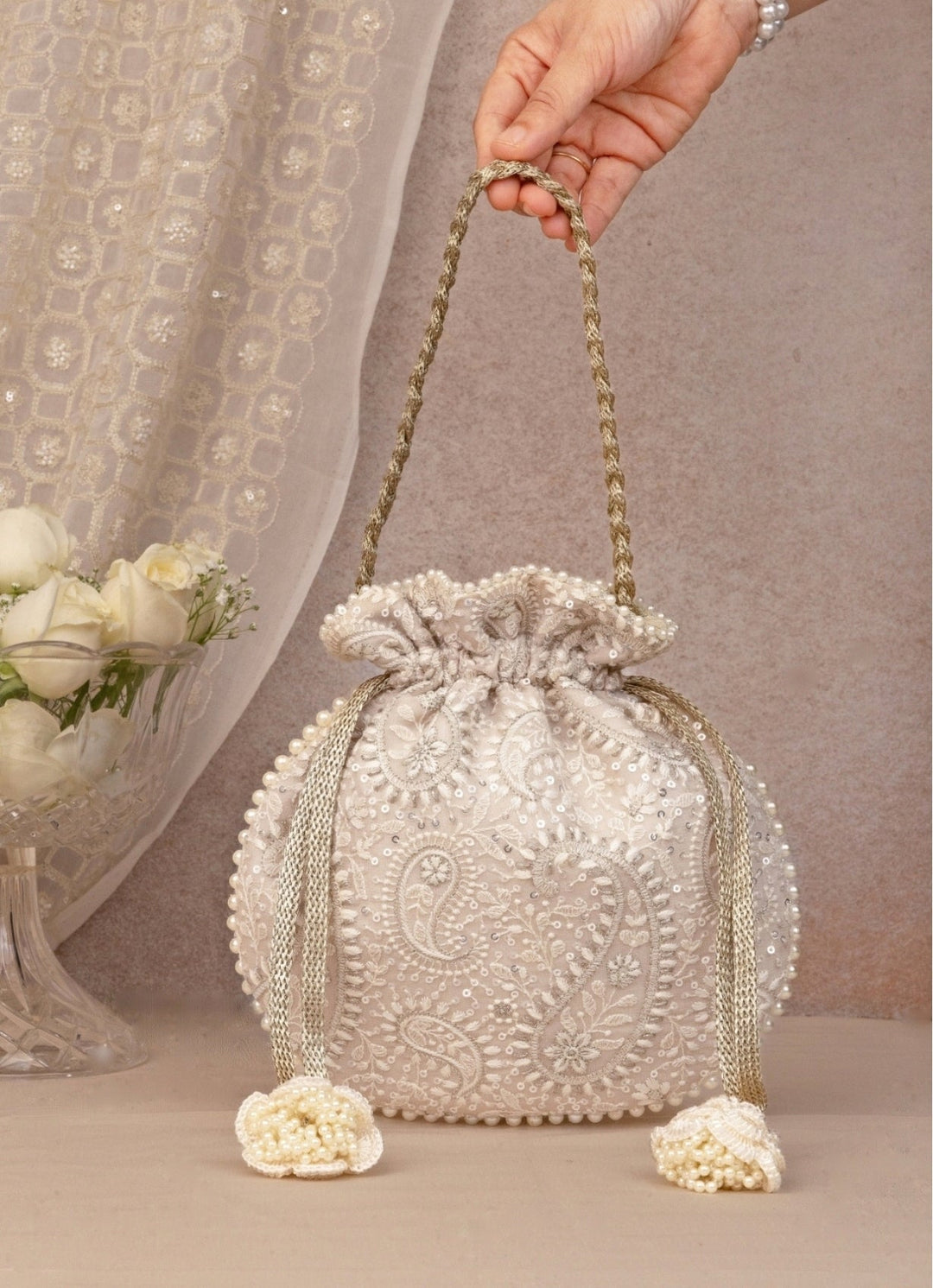 Grey Embroidered Potli