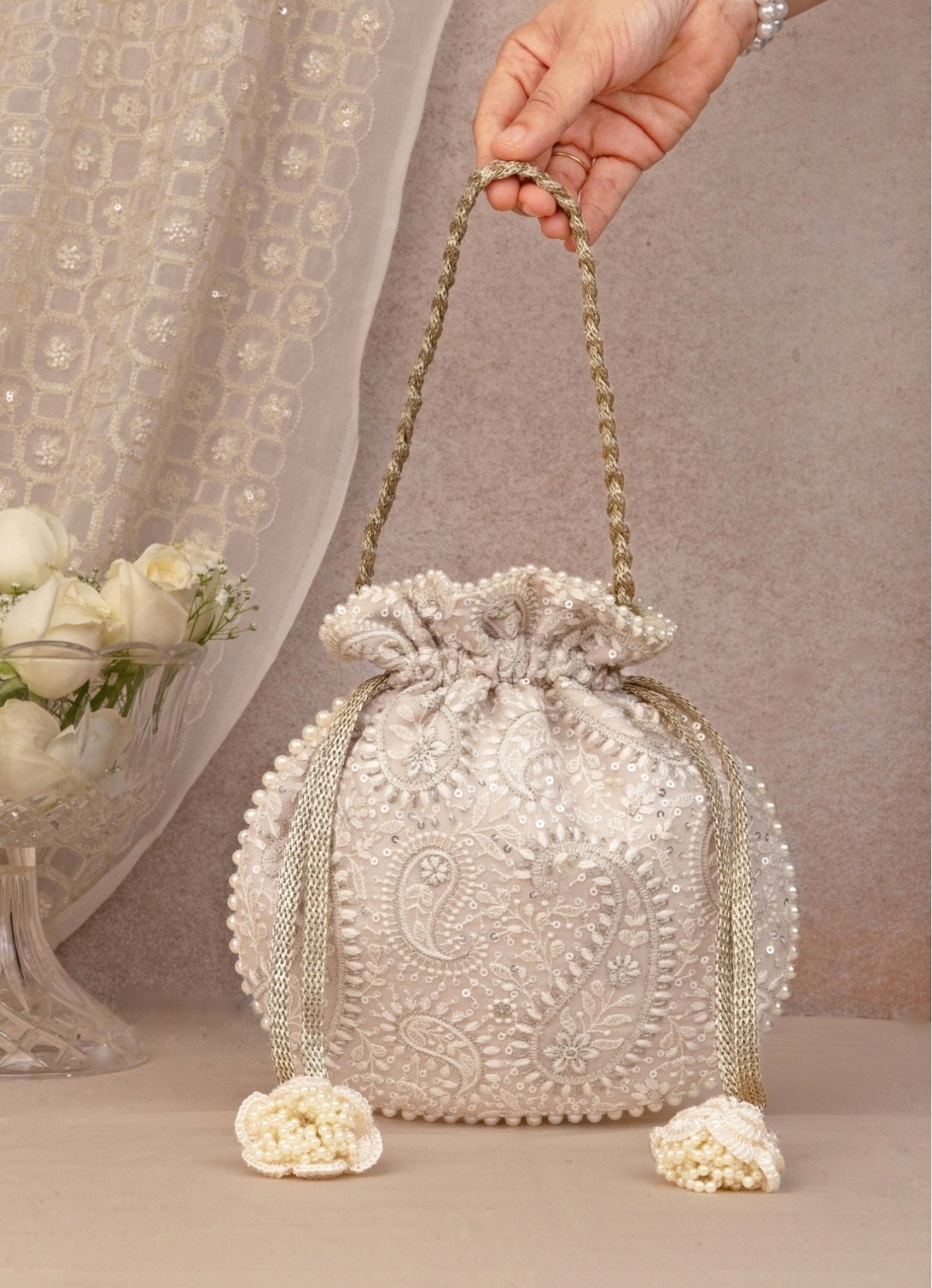 Grey Embroidered Potli