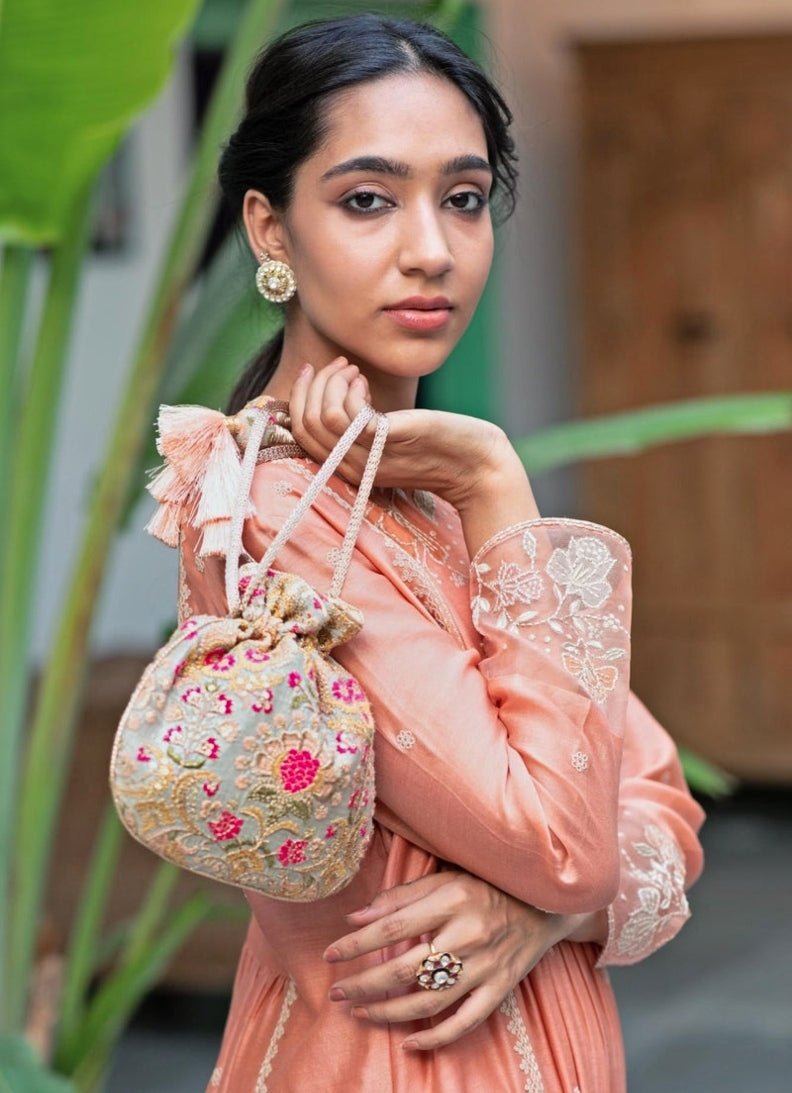 Grey Embroidered Potli