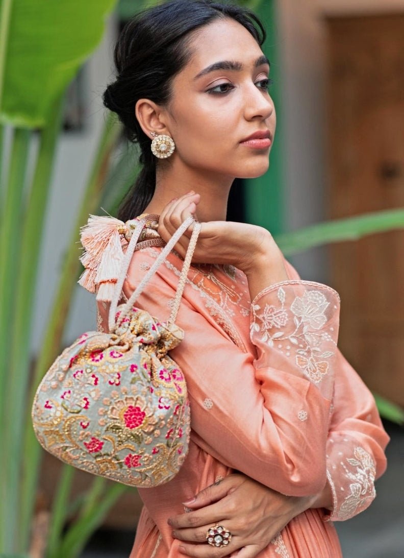 Grey Embroidered Potli