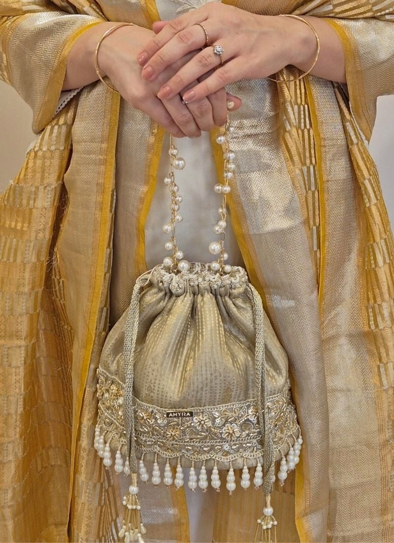 Amyra Grey Silk Organza Bucket BagShop Jashn