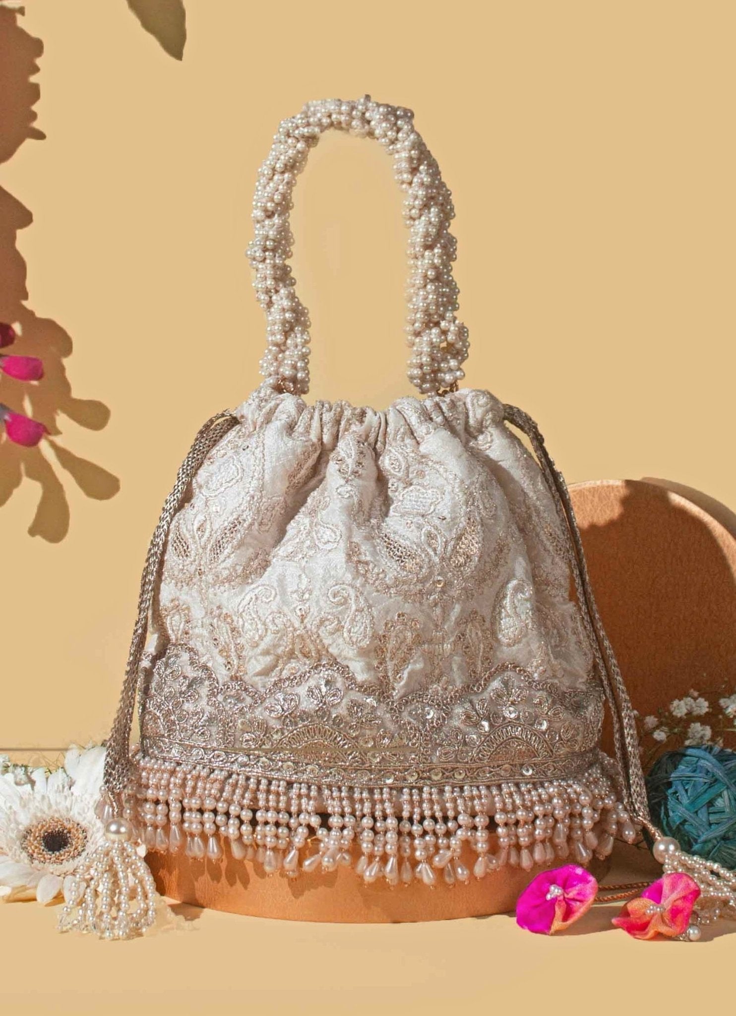 Ivory Embroidered Bucket Bag