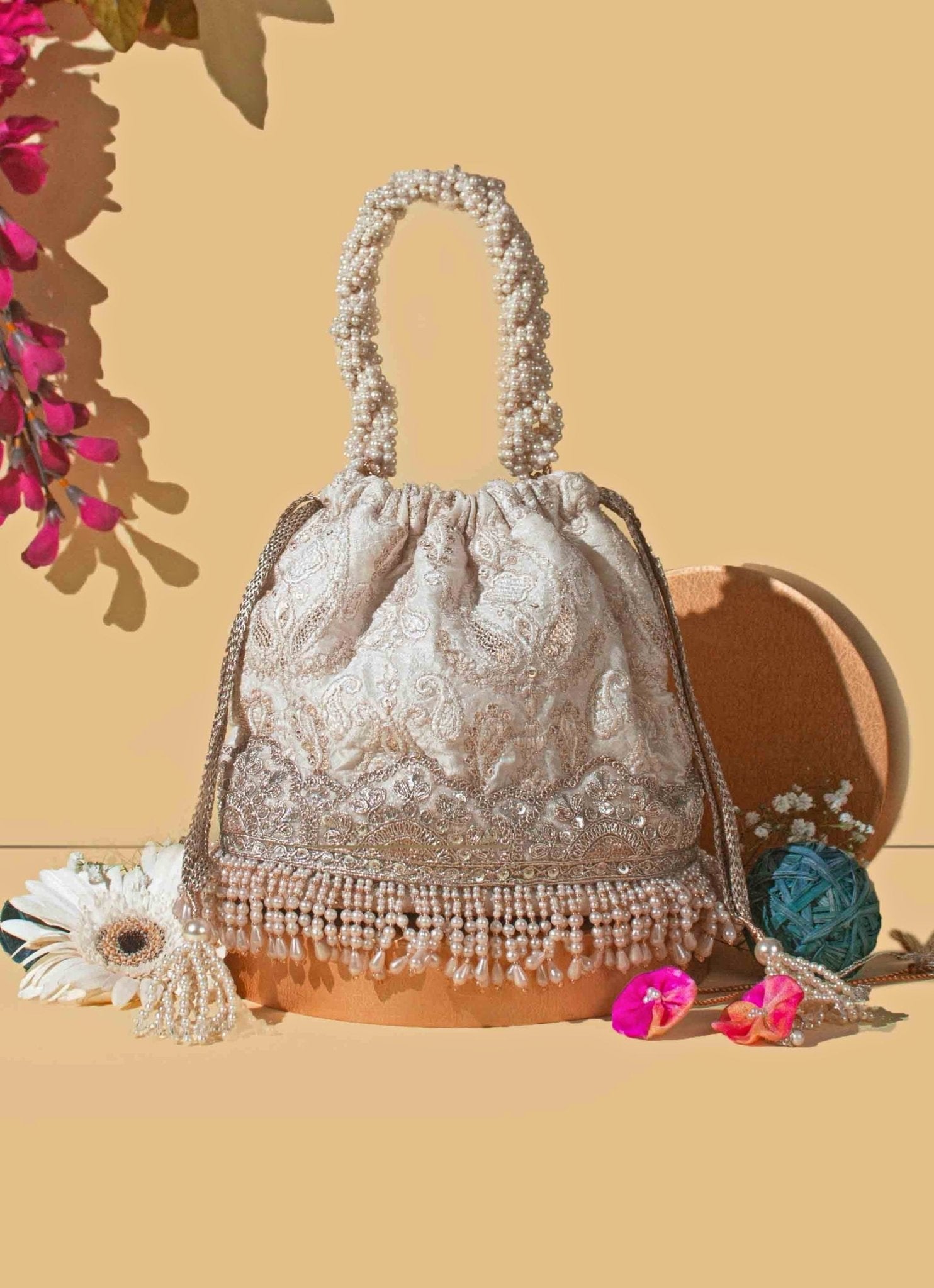 Ivory Embroidered Bucket Bag