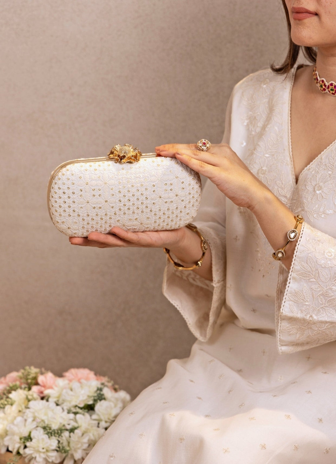 Ivory Embroidered Capsule Clutch
