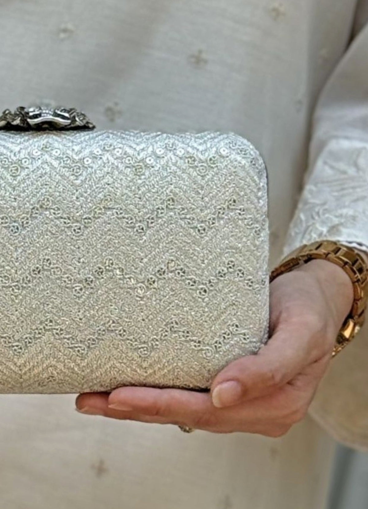 Amyra Ivory Embroidered Georgette Box ClutchShop Jashn