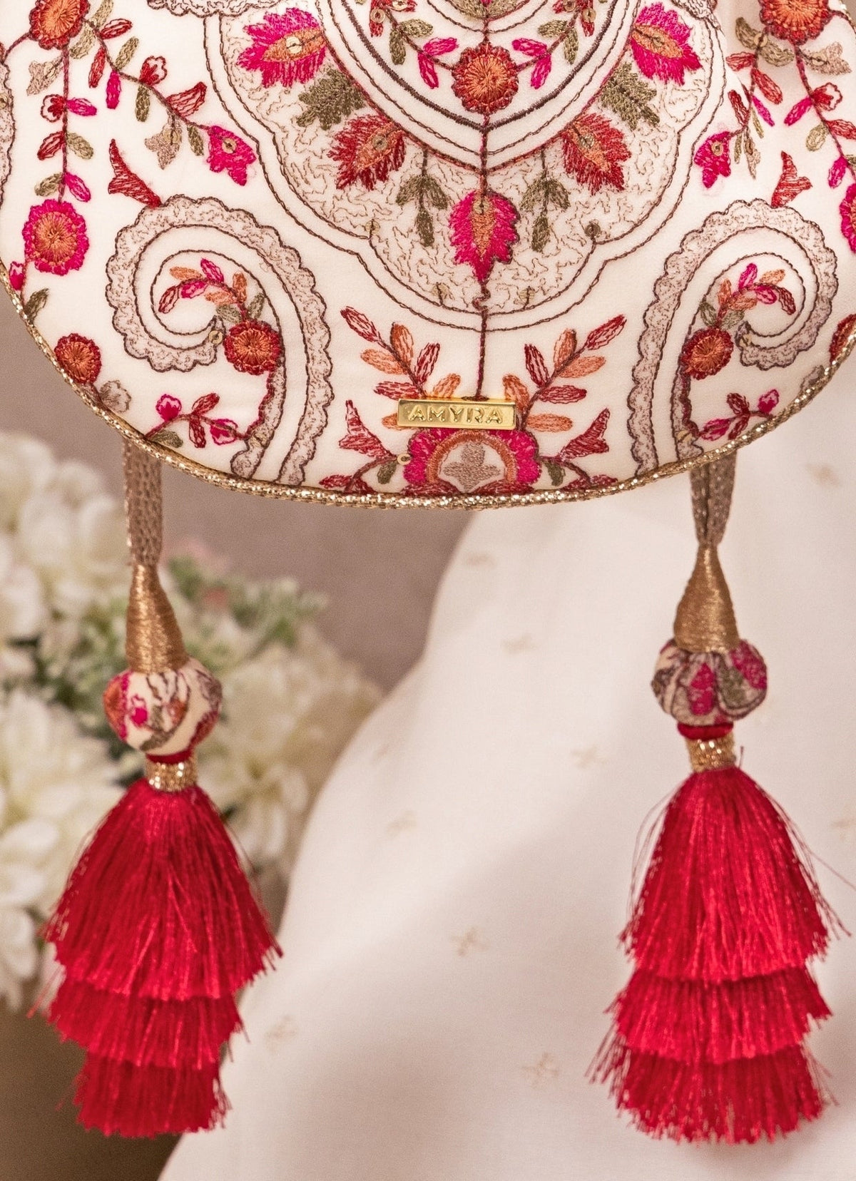 Amyra Ivory Embroidered Georgette Round PotliShop Jashn