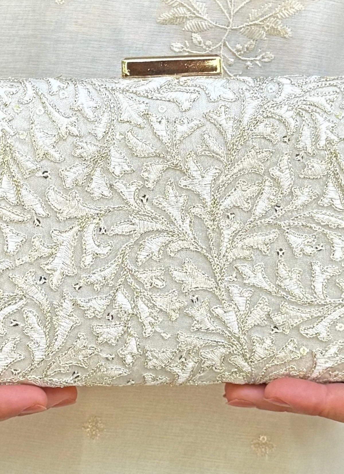 Amyra Ivory Embroidered Silk ClutchShop Jashn
