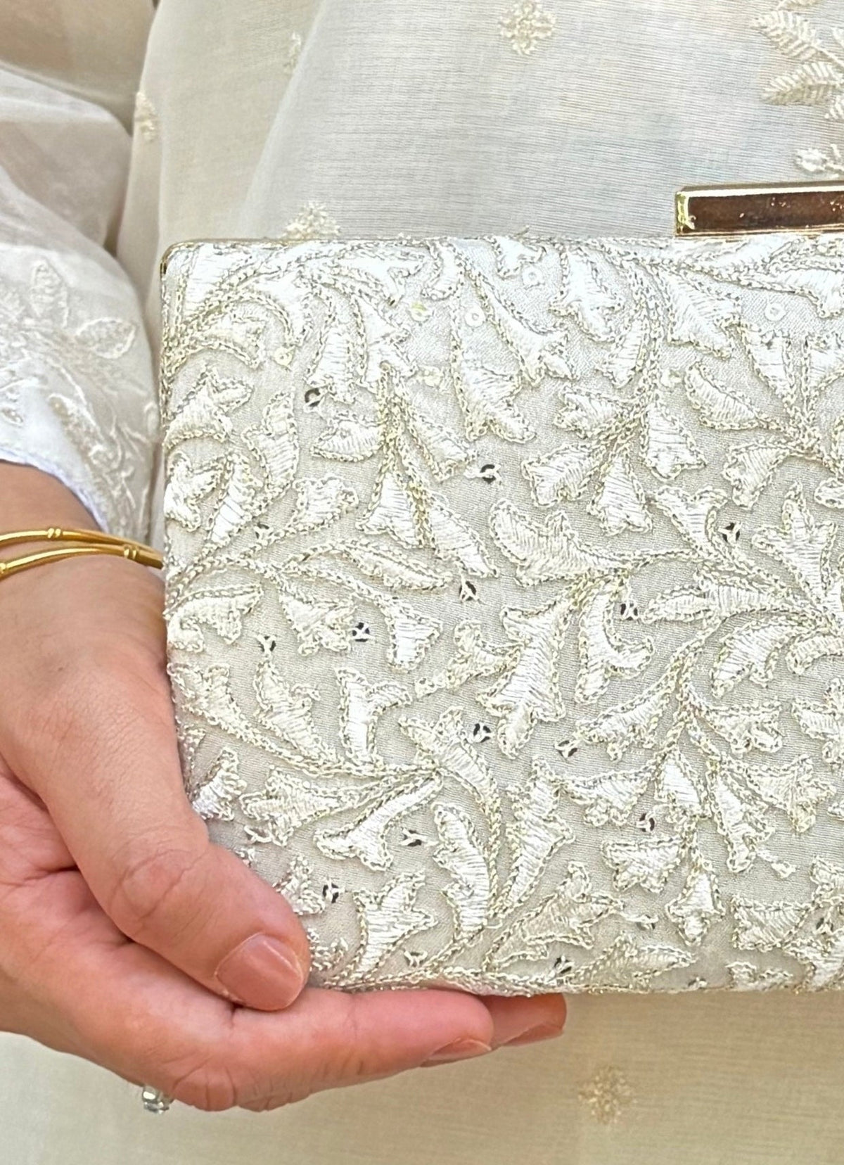 Amyra Ivory Embroidered Silk ClutchShop Jashn