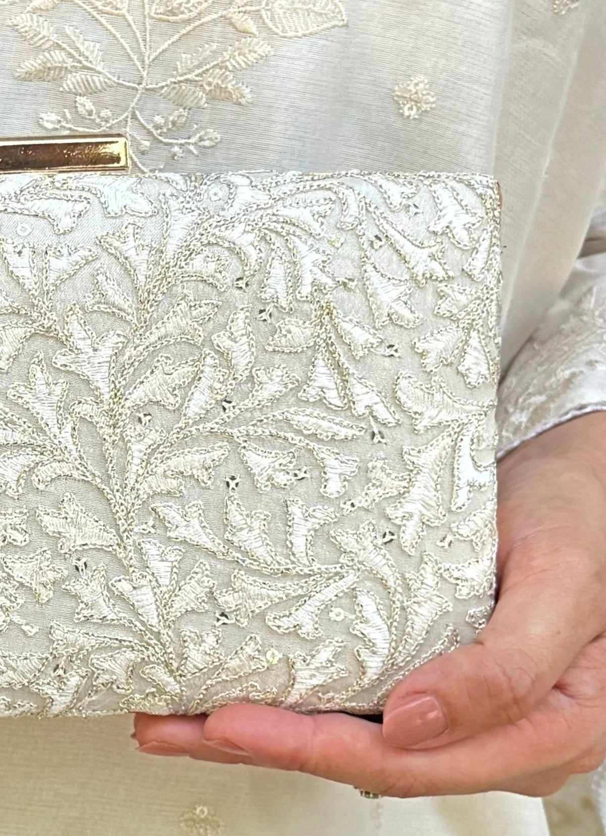 Amyra Ivory Embroidered Silk ClutchShop Jashn