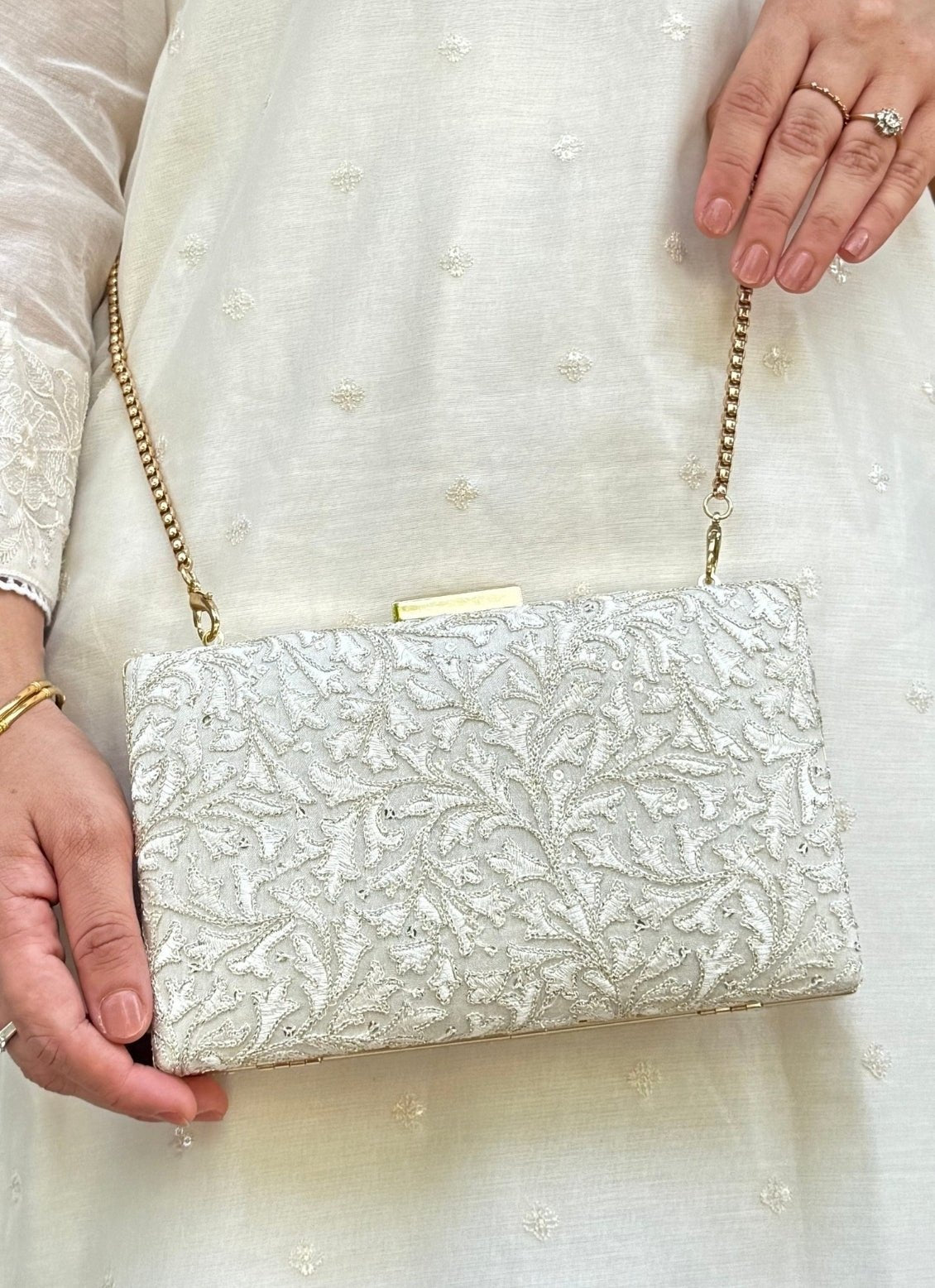 Amyra Ivory Embroidered Silk ClutchShop Jashn