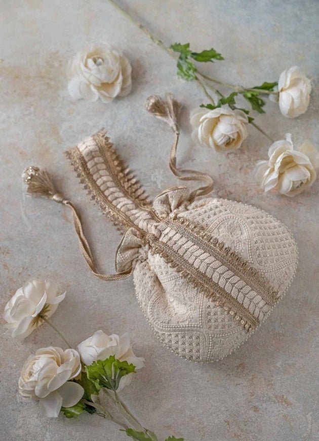 Ivory Mughal Style Embroidered Potli