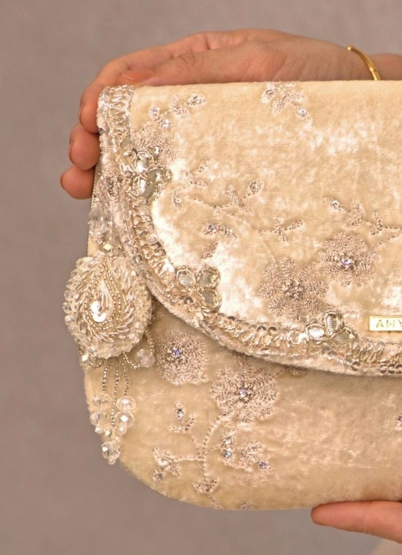 Amyra Ivory Velvet Embroidered Envelope BagShop Jashn