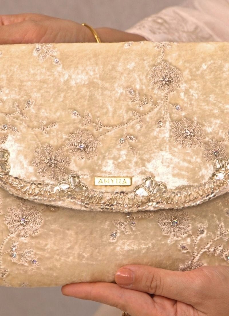 Amyra Ivory Velvet Embroidered Envelope BagShop Jashn