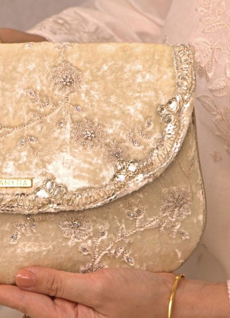 Amyra Ivory Velvet Embroidered Envelope BagShop Jashn