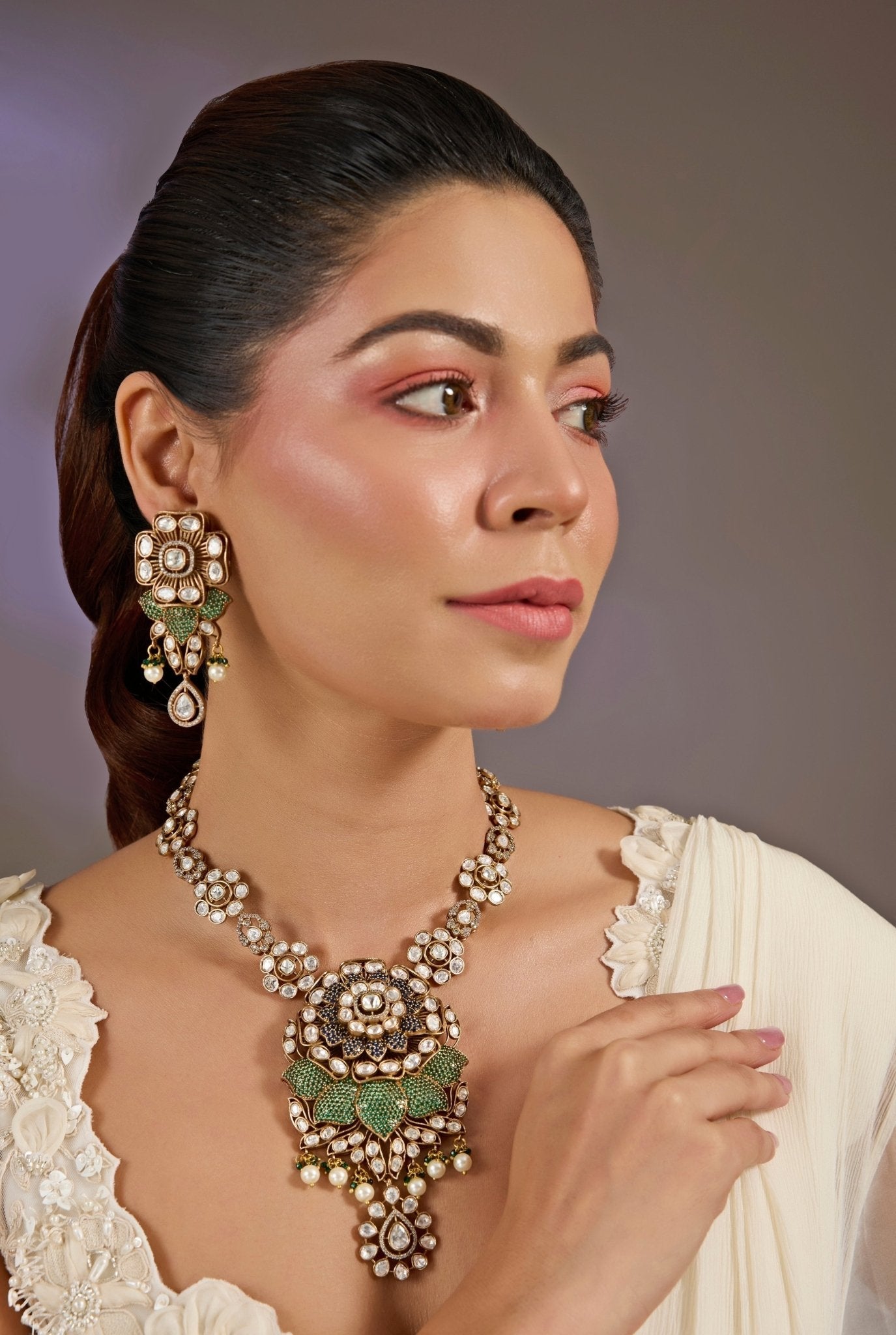 Vivinia by Vidhi Mehra Kundan And Emerald Green Statement Necklace SetFabilicious Fashion