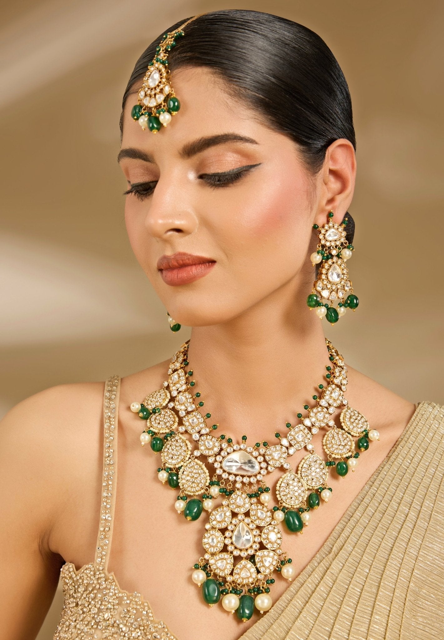 Vivinia by Vidhi Mehra Kundan And Green Bead Bridal Necklace SetFabilicious Fashion