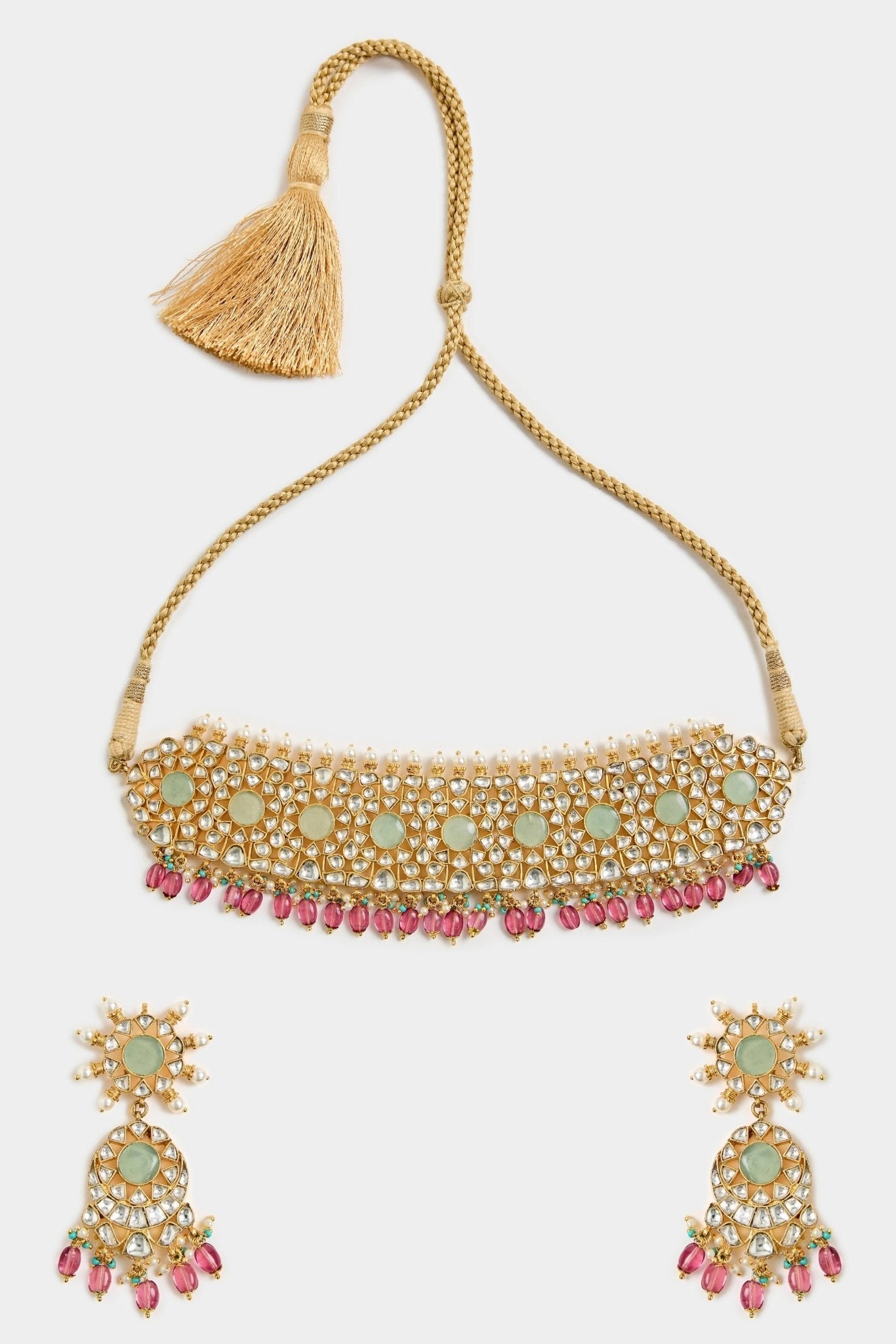 Vivinia by Vidhi Mehra Kundan Green And Pink Beaded Bridal Choker SetFabilicious Fashion