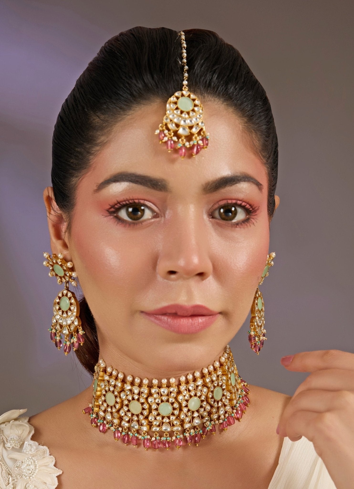 Vivinia by Vidhi Mehra Kundan Green And Pink Beaded Bridal Choker SetFabilicious Fashion