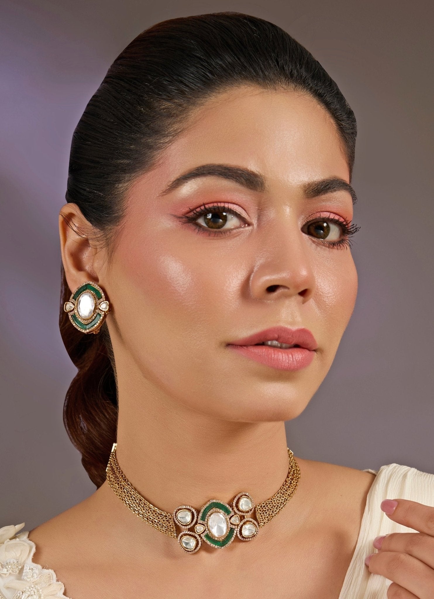 Vivinia by Vidhi Mehra Kundan Green And White Choker Necklace SetFabilicious Fashion