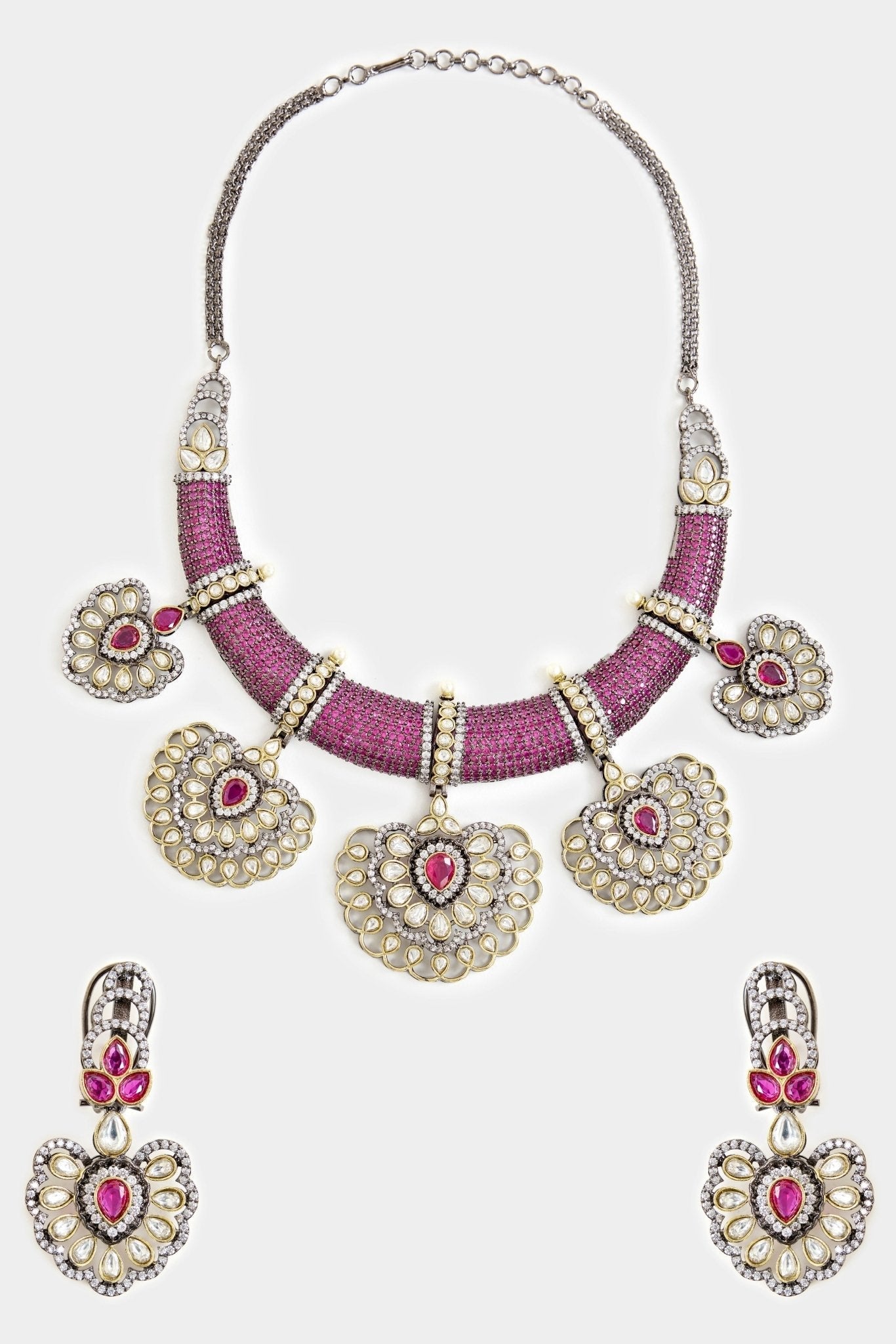 Vivinia by Vidhi Mehra Lilac And Pink Beaded Kundan Style Necklace SetFabilicious Fashion