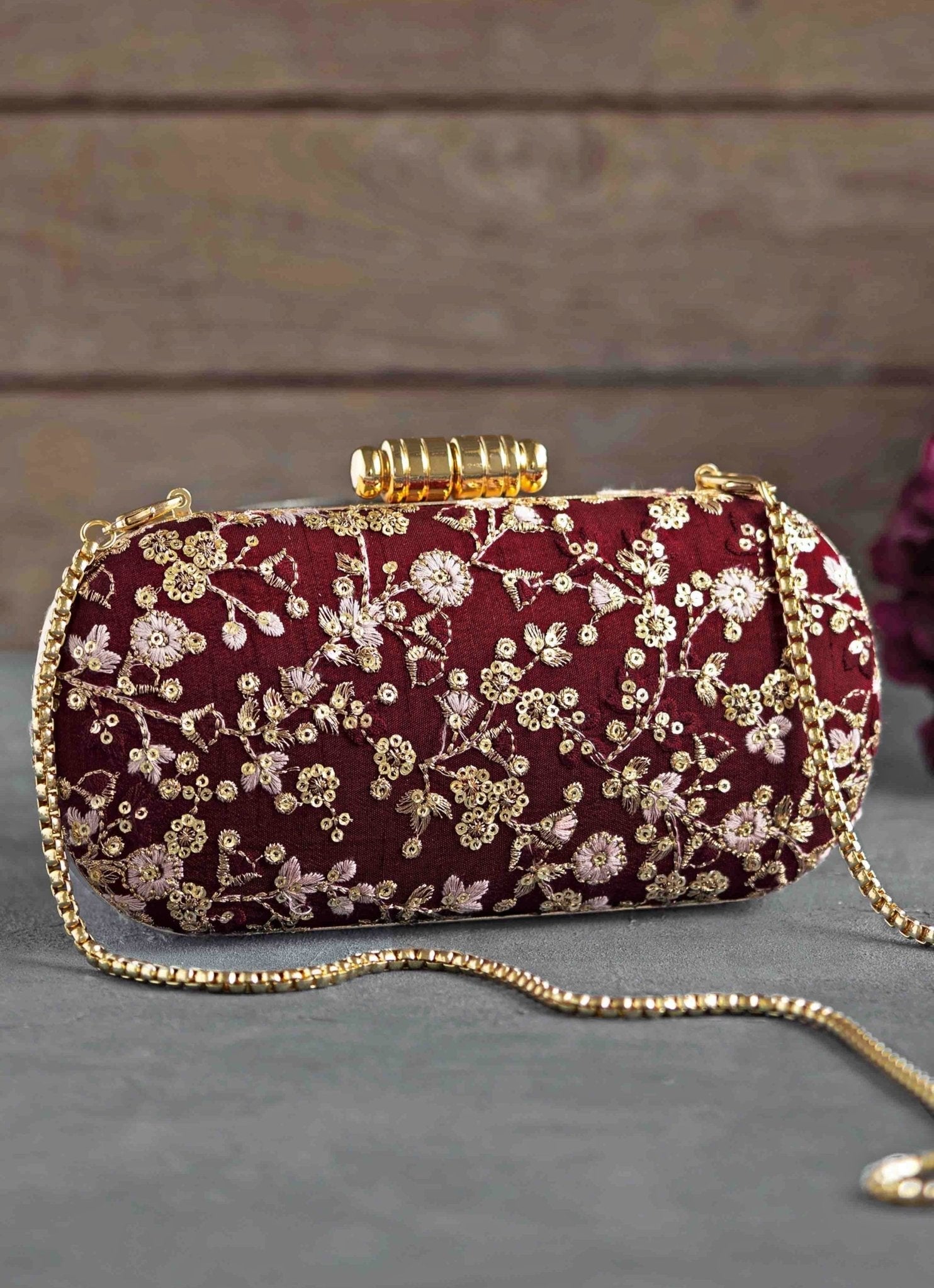 Maroon Red Embroidered Clutch