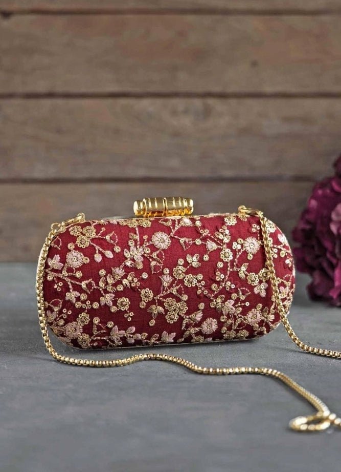Maroon Red Embroidered Clutch