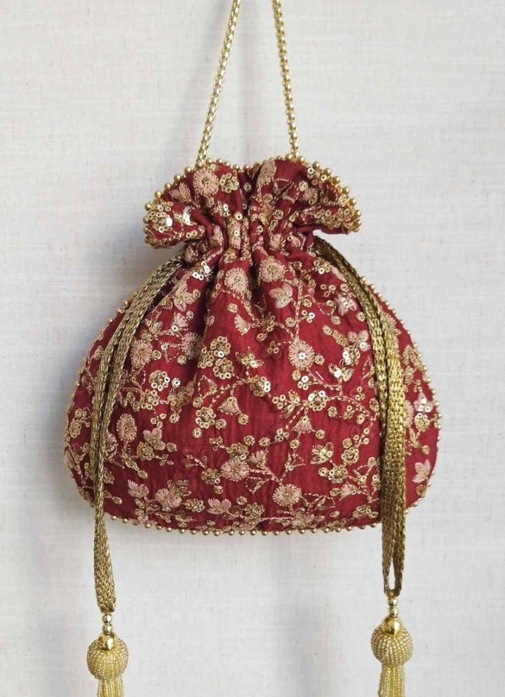 Maroon Red Embroidered Potli