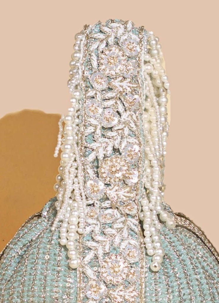 Mint Blue Embellished Bucket Bag