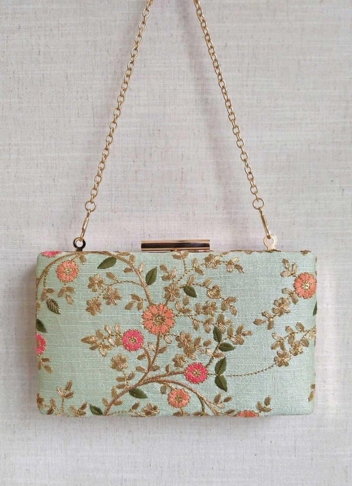 Mint Blue Embroidered Clutch