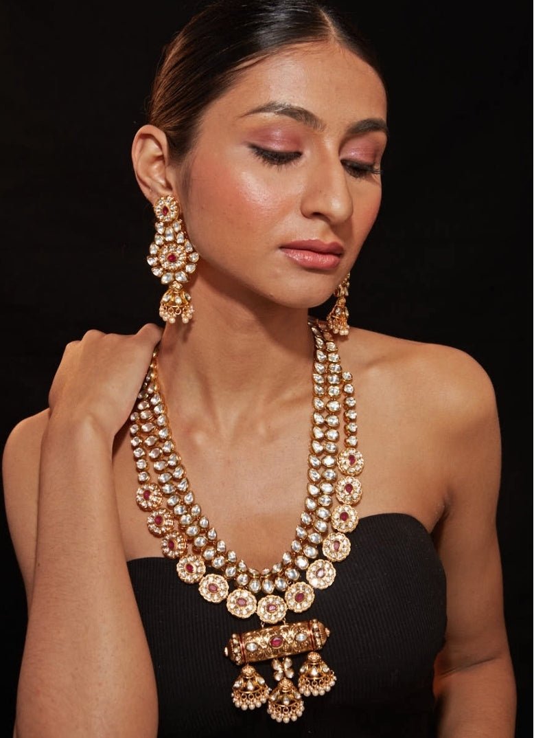 Vivinia by Vidhi Mehra Multi Layered Gold Plated Red Stone Long Necklace SetFabilicious Fashion