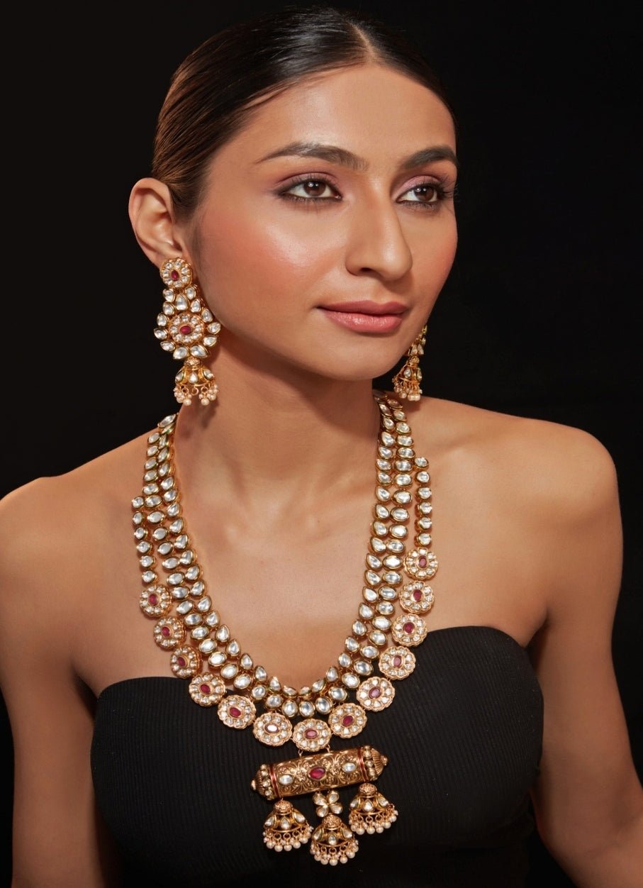 Vivinia by Vidhi Mehra Multi Layered Gold Plated Red Stone Long Necklace SetFabilicious Fashion