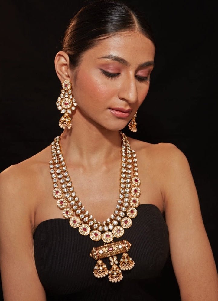 Vivinia by Vidhi Mehra Multi Layered Gold Plated Red Stone Long Necklace SetFabilicious Fashion