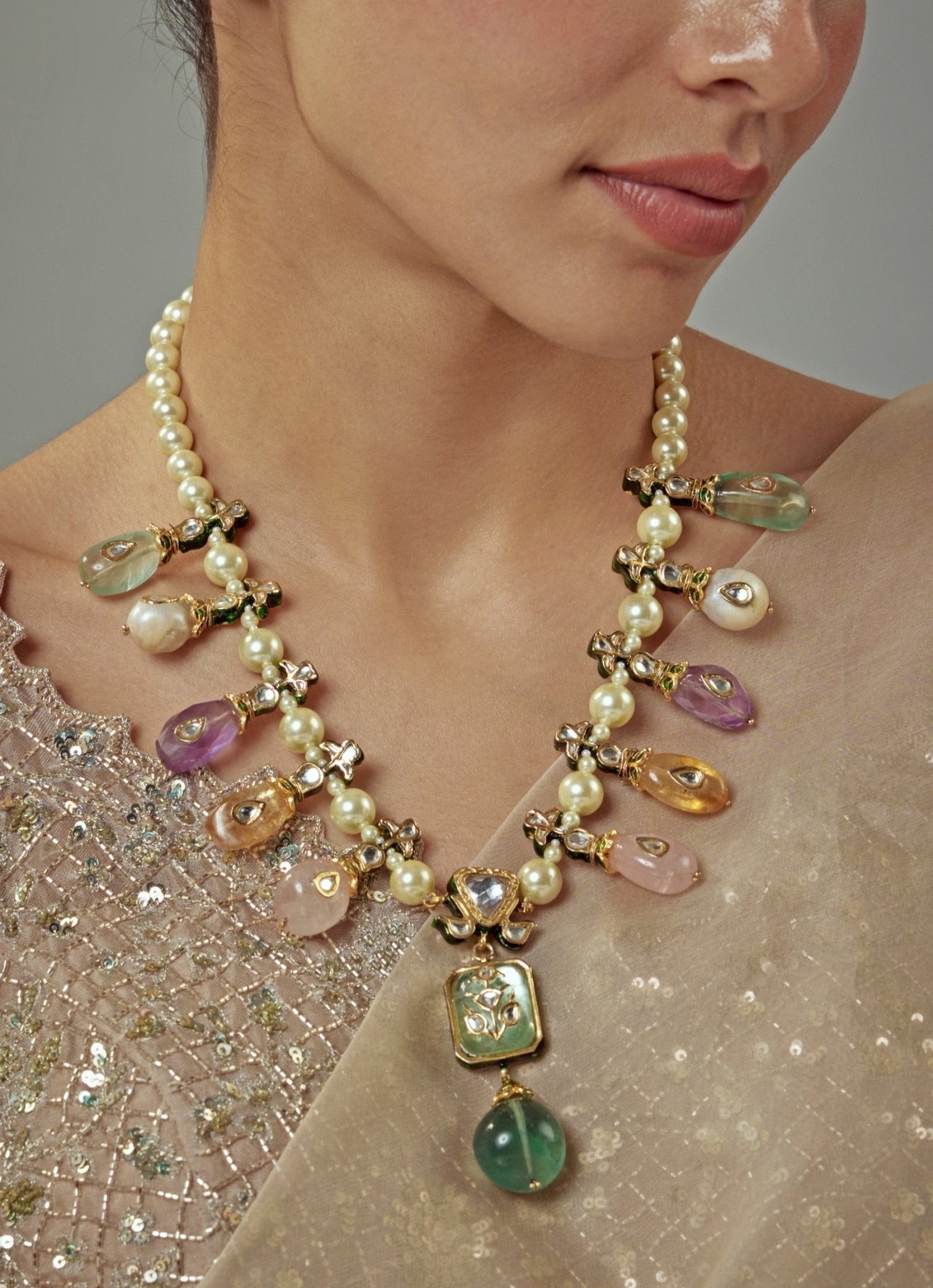 Vivinia by Vidhi Mehra Multi Pastel Beaded Pearl Short NecklaceFabilicious Fashion
