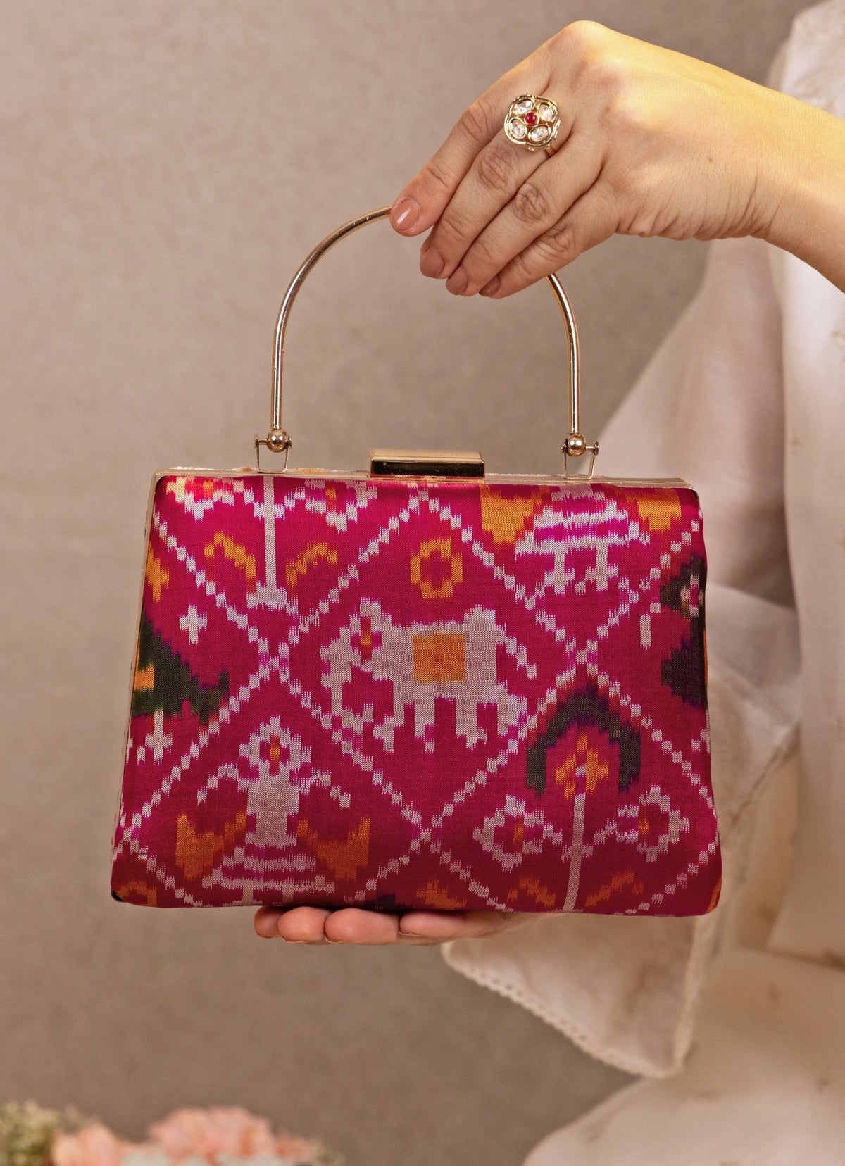 Multi Striped Patola Silk Top Handle Clutch