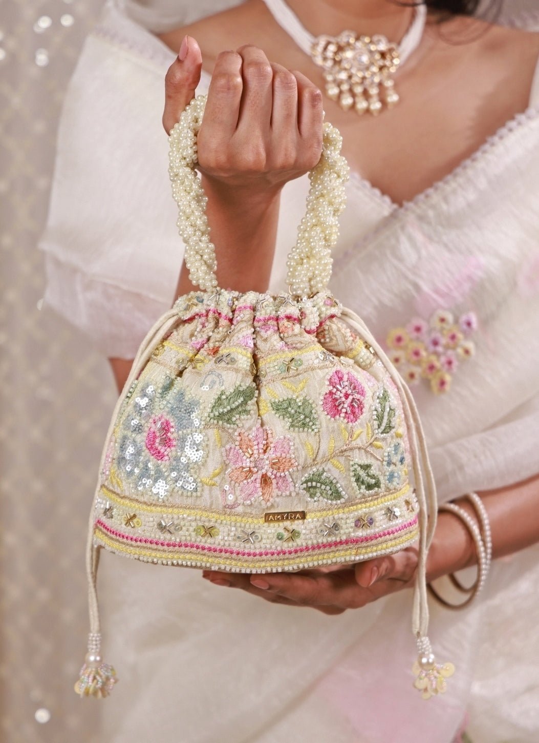 Amyra Multicolor Floral Embroidered Silk Bucket BagShop Jashn